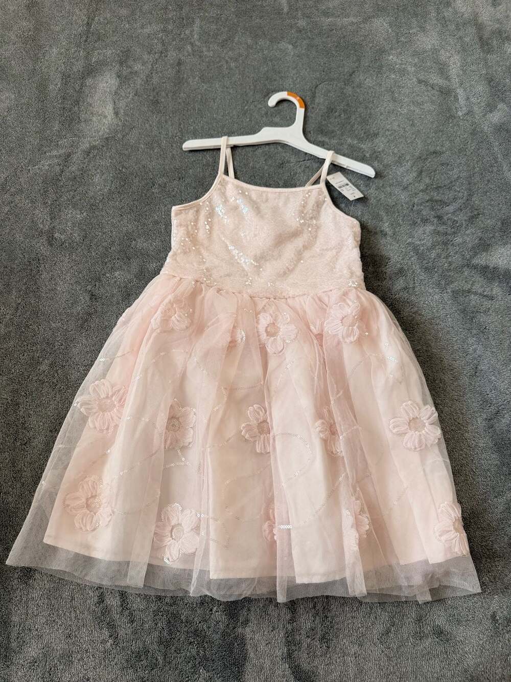 Girls Pink Sequin Floral Tulle Party Dress Spaghetti Strap